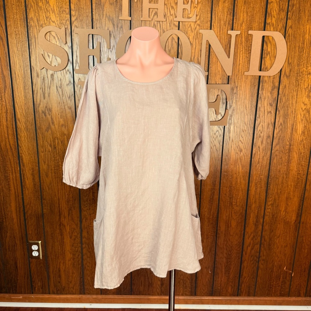 Match Point Tunic Women M Tan Boho Linen 3/4 Sleeve Pocket Top USA Cottagecore